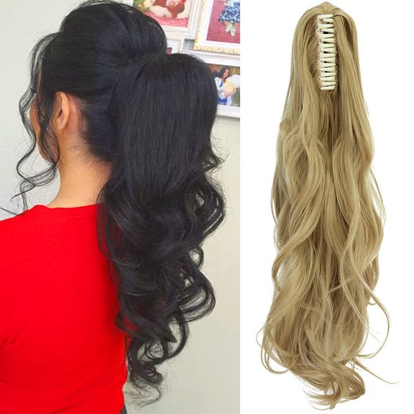 OMGREAT Claw Ponytail Hair Extension One Piece Cute Clip in on Ponytail Claw Synthetic Straight Curly Hairpieces 18" Curly Ash Blonde