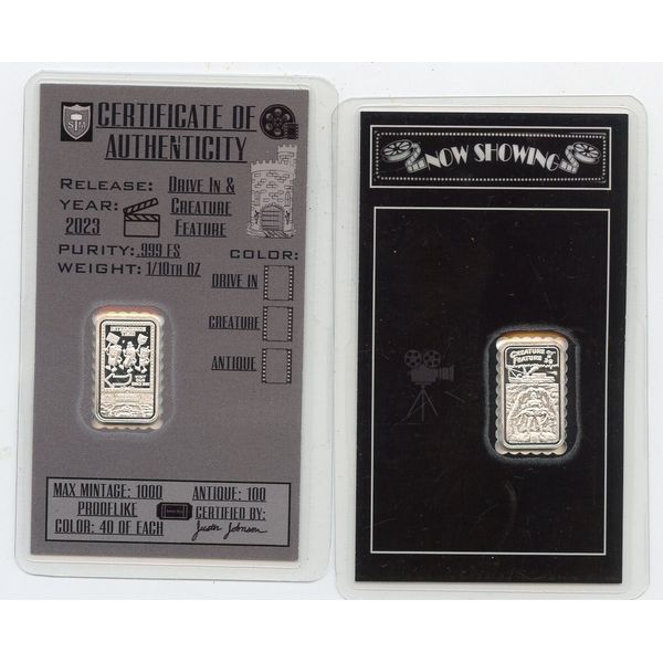 Squires MINT Drive in & Creature Feature Tickets 1/10th OZ .999 Fine silver Bar