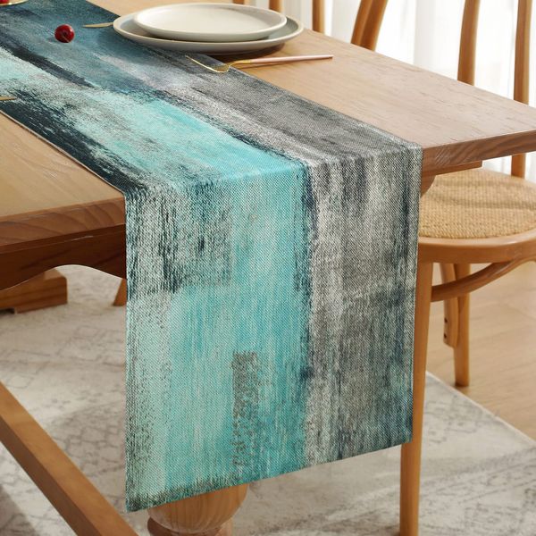 Hanrunsi Teal Table Runner Linen Table Runner Thicken Turquoise Blue and Grey Decorative Cloth for Coffee Table, Holiday Parties, Wedding, Events Dinner, Home Decor 33 cm x 183 cm