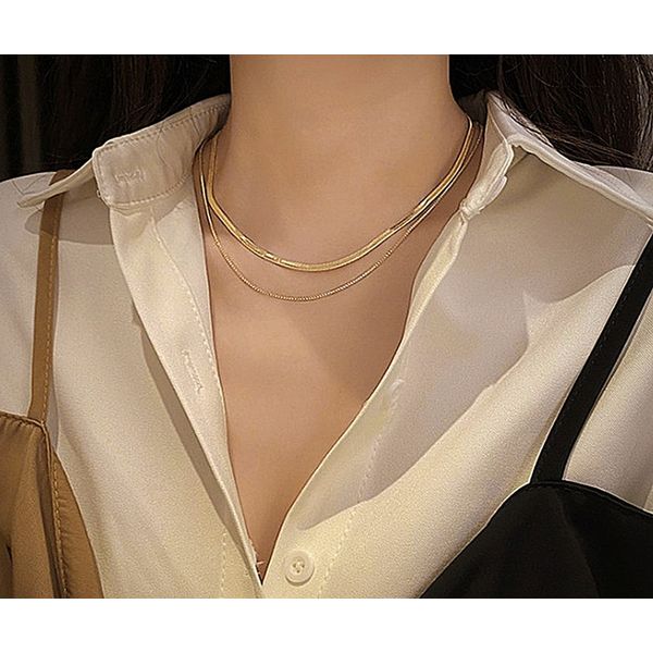 Layered double row gold snake chain choker necklace