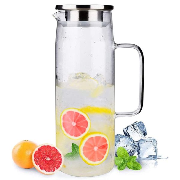 Webao Glass Jug 1.2 Litre Iced Tea Pitcher with Lid Borosilicate Glass Water Jar for Coffee Milk Juice