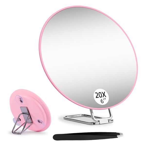 Suupvaor 6inch 20X Vergrößerungsspiegel mit 3 Saugnäpfen, Großer Makeup Spiegel mit 20X Vergrößerung Reise Kompakt Lupenspiegel mit Pinzette Kits