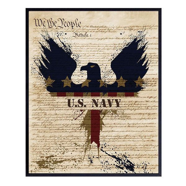 Patriotic US Navy Art Poster - 8x10 Wall Decor - American Eagle Home Decoration Print for Living Room, Bedroom, Office - Gift for U.S. Military Servicemen, Servicewomen, Veteran, Vet - Unframed Print