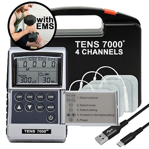 TENS 7000 Rechargeable Tens Unit Muscle Stimulator, Back Pain Relief, 4 Electrod