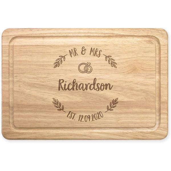 Personalised Custom Name Mrs & Mr Wreath Wedding Rectangular Wooden Chopping Cheese Board