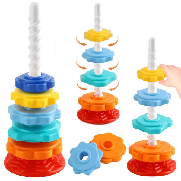 Baby Spinning Stacking Toy-Rainbow Tower Ring Stacker Toy, Montessori Spinning Stacking Toys for Early Development Activity Toys, Baby Sensory Spin Gears Stacking ToY BPA Free for baby 12 Months
