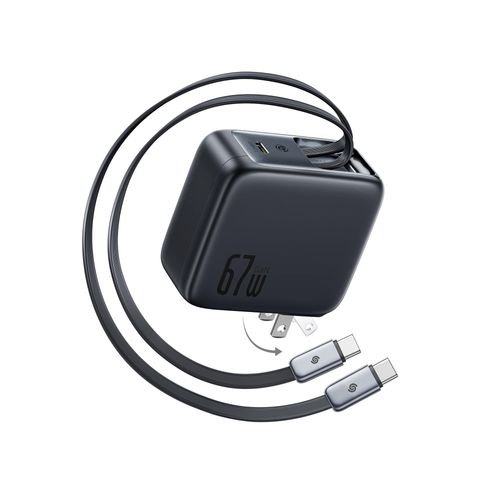 Baseus Enercore CJ21 67W USB C Charger, 3 in 1 Fast Charging Block with 2 Retractable Cable & Foldable Plug, PD/PPS for Galaxy S25/iPhone 16/15 Series/MacBook Air/Airpods 4