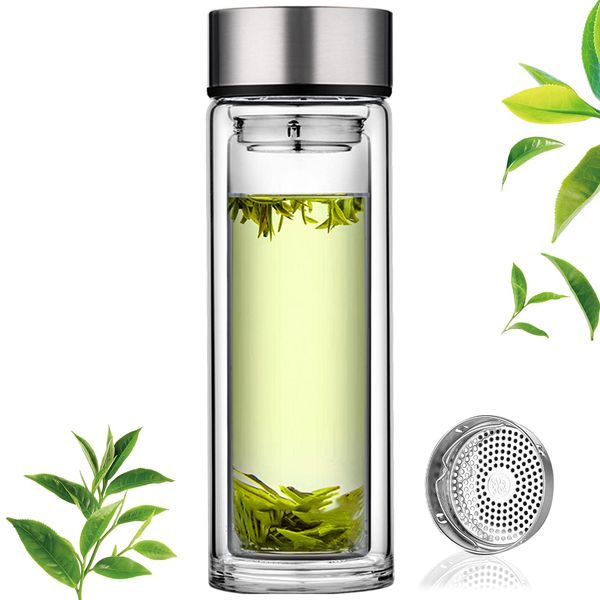 PARACITY Glass Tea Infuser Bottle Double Wall Borosilicate Portable Travel Mug Tea Tumbler Water Bottle Diffuser Bottles Tea Cup for Loose Tea Flower Herbal Tea Bags 12OZ/350ml