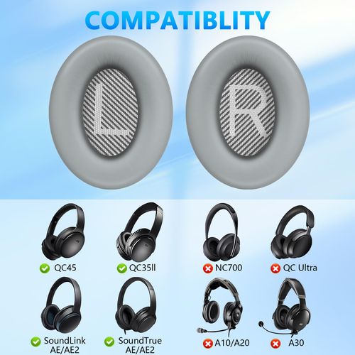 Premium Replacement Ear Pads Cushions for Bose Quiet Comfort 35 II/45 (QC35/QC45/QC35 II) Headphones with 'L and R' Lettering QC 35/25/15 QC2/Ae2/Ae2i/Ae2W Sound Link/Sound True EarPads(Grey)