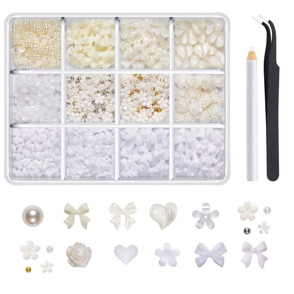 1260 Pcs 3D Nail Charms,Multi Shapes Bow Nail Charm Cute Pearl Heart Flower Nail Art Accessories with Pickup Tool for Women Girls DIY Crafts Nail Art Decoration