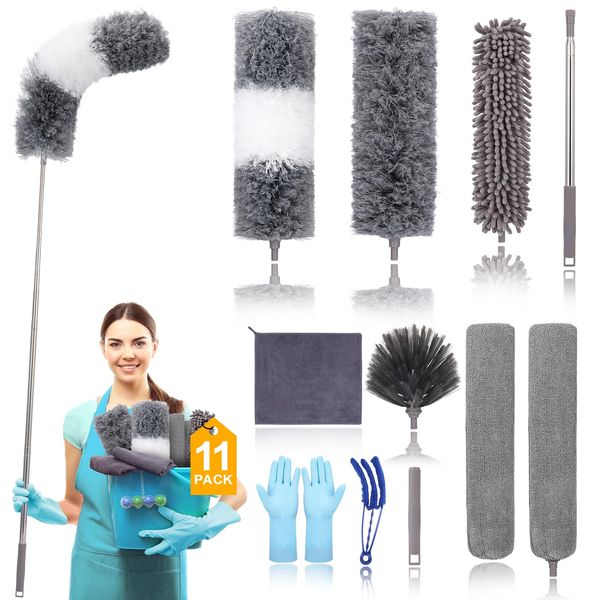 Microfiber Extendable Feather Duster (11pcs) with 100" Extension Pole, Washable Reusable Bendable Dusters for Cleaning Ceiling Fan, High Ceiling, TV, Blinds, Cars