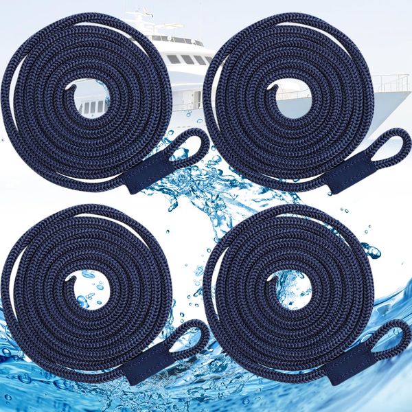 4 Pcs Boat Protective Ropes, Elastic Cord Mooring Boat, Dock Line with Eye, for Pontoon, Jet Ski, Kayak, Canoe, Motorboat, 6mm*1.5m, Navy Blue