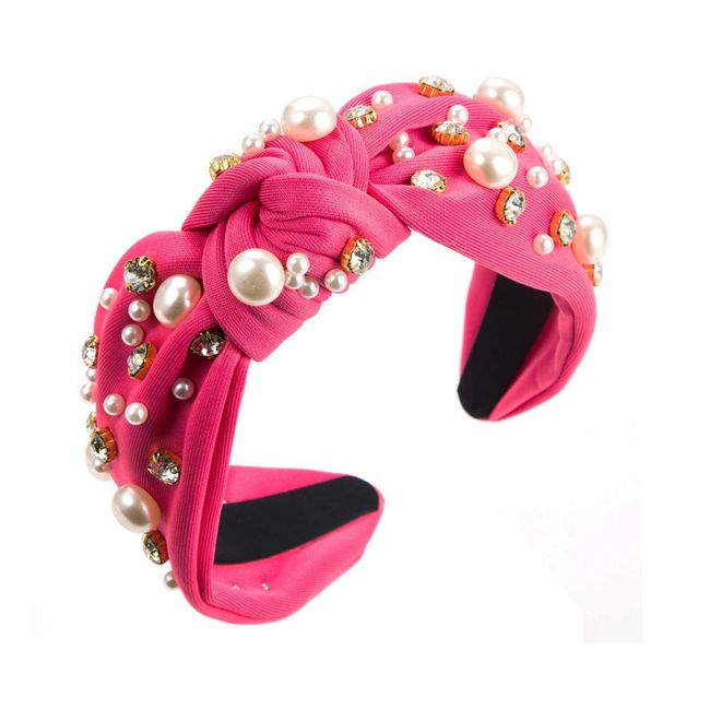 Hot Pink Headband for Women Knotted Headband for Women Pearl Rhinestone Jeweled Headband Top Knot Headband Sparkly Head Band Non Slip Wide Headband Fashion Hairband Hair Accessories for Women Girls