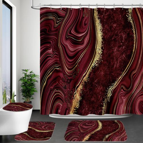 BayNook 4PCS Burgundy Red Marble Shower Curtain Sets with Rugs, Abstract Bathroom Sets with Shower Curtain and Rugs, Gold Bathroom Curtains Shower Set with Toilet Lid Cover Accessories