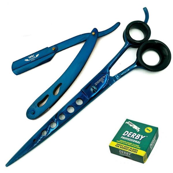 Professional Hairdressing Scissors Set Beauty Salon Hairdresser Hair Cutting Shear Scissor 8" Plus Barber Shaving Razor 100 Blades peluquero y peluquería corte de pelo Scissor Shear GERMAN Made