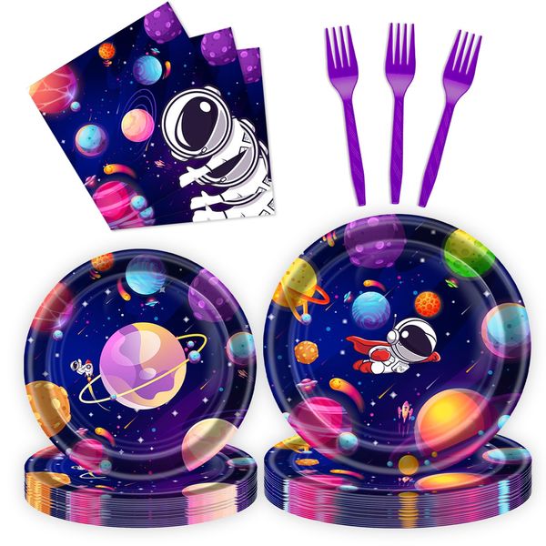 96 Pcs Outer Space Plates and Napkins Party Supplies, Disposable Forks Paper Dessert Tableware Solar System Decorations Birthday Table Dinnerware Favors Set, Serves 24