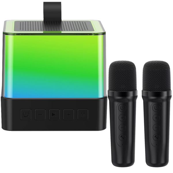 Mini Karaoke Machine for Kids Adults - Portable Bluetooth Karaoke Speaker Set with 2 Wireless Microphone & RGB Lights for Girls Boys Family Home Party (Black)