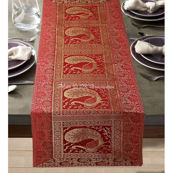 Ethnic Brocade Coffee Table Runner Red 5 Ft Peacock Reception Table Cover