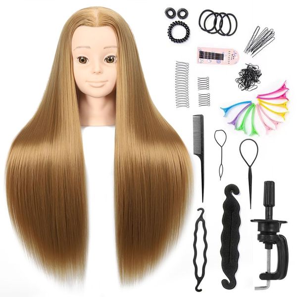 Headdoll 26"-28" Mannequin Head Hair Styling Mannequin Head for Hair Styling and Free Table Stand Training Head Manikin Cosmetology Doll Head with Long Fiber Hair Hairdresser Practice Head for Stylist