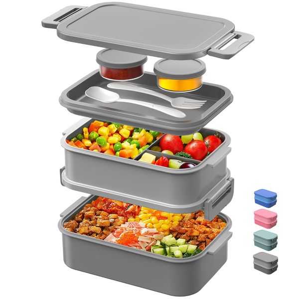 DaCool Adults Lunchbox Bento Box - 74 OZ All-in-One Stackable Lunch Box for Adults Men Women Teens Leakproof Bento Large Lunch Box Containers with Fork Spoon Sauce Box for Dining Out Work School,Grey