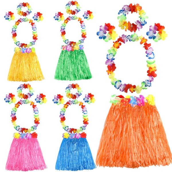 FEPITO Hawaiian Grass Hula Skirts Sets Include Flower Leis Necklace Headband Bracelets Luau Skirts for Kids Hawaii Costume Tropical Luau Birthday Party Supplies (5 Set)