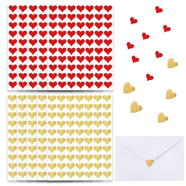 Yeomju 10 Stück 700 PCS Herz Sticker Hochzeit Glitzer Aufkleber Selbstklebend Herzform Sticker Herzen Herz-Aufkleber für Geschenke, Siegel, Basteln und Scrapbooking(Gold&Rot)