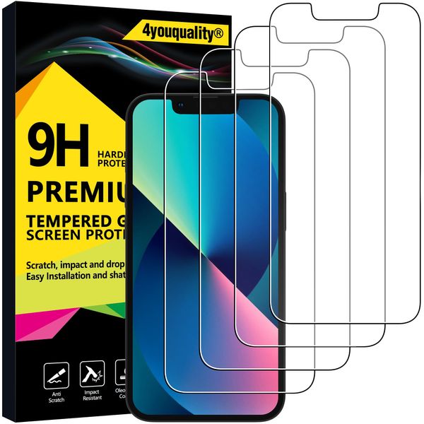 4youquality [4-Pack Screen Protector for iPhone 14, iPhone 13 & iPhone 13 Pro (6.1-Inch), Tempered Glass Film, [Impact-Protection][Anti-Shatter][Anti-Scratch]