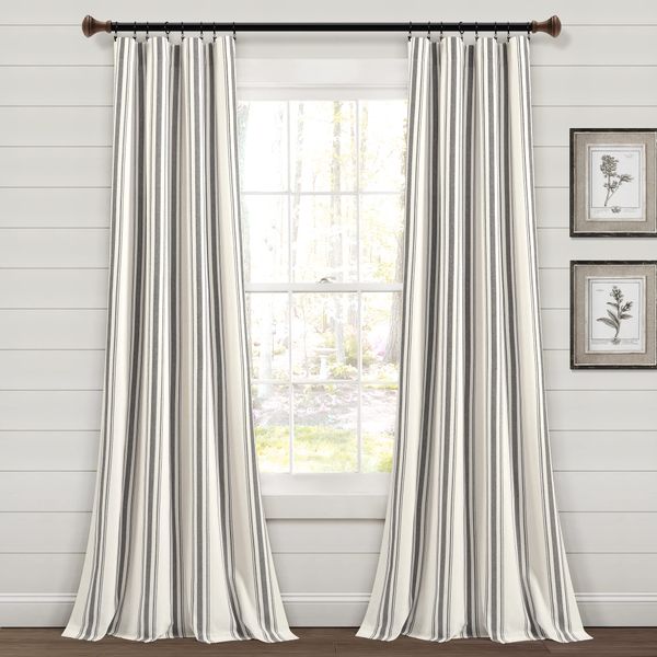 Lush Decor Farmhouse Stripe Yarn Dyed Cotton Window Curtain Panel Pair, 42" W x 84" L, Dark Gray - Classic Modern Rustic Charm - Eco Friendly Cotton Fabric