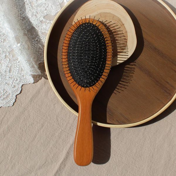 Wet Brush with Classic Wooden Handle. Detangler Hair Brush with Soft Metal Bristles & Soft Cushion Pad - Scalp Massaging Comb for Tangled and Wet Hair