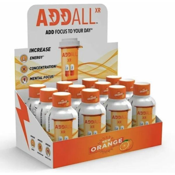 Addall XR , Orange Drink Shots Memory Mental Brain Focus Concentration,12 Bottle