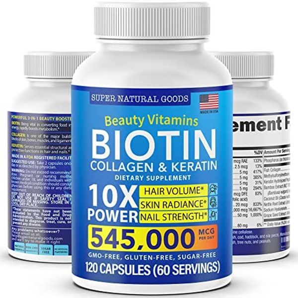 Biotin Collagen Supplements with Keratin Peptides - Hair Growth & Hair Loss Treatment for Men & Women - Hair, Skin, Nails Vitamins - Maximum Strength 545000mcg Supplement Pills - Nail & Skin Capsules