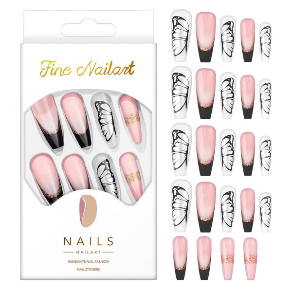 24 Pcs Press on Nails Long, Fake Nails with Nail Glue, False Nails with Designs Acrylic Nails Glue on Nails,Fake Nail for Nails Art for Women and Girls