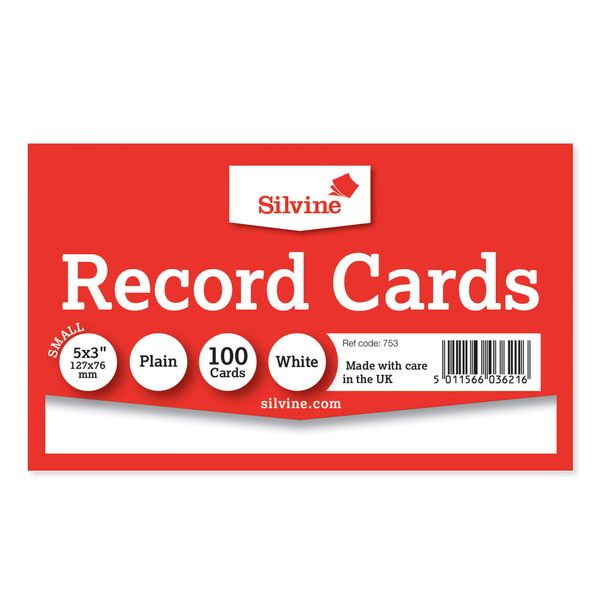 Silvine 5x3 White Record Cards - Plain, 100 Cards Per Pack. Ref 753 (127 x 76mm)