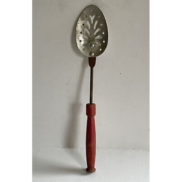 Childs Toy Kitchen Tool Vintage Red Wooden Handle Slotted Spoon