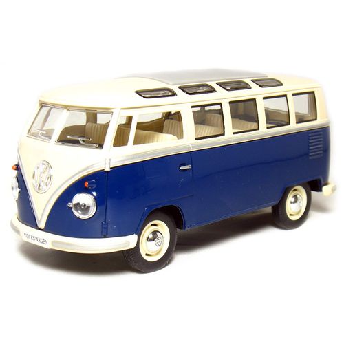 KINGSMART 1962 Volkswagen Classic Hippy Bus 7" 1:24Scale Blue Die Cast Metal Model Toy Pull Back Action Car