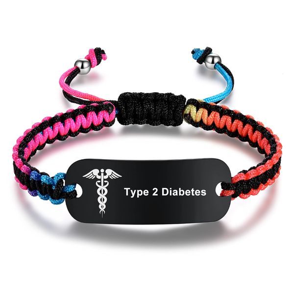 MAXZOOL TYPE 2 DIABETES Medical ID Bracelets for Women Men | Medical Alert Bracelets for Men | Stainless Steel Medical Bracelet with Adjustable Nylon Rope