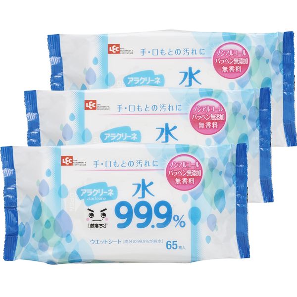 LEC Alacrine, 99.9% Pure Water, Wet Sheet, 65 Sheets x 3 Pieces, Geko-kun, For Hand and Mouth Stains, Made in Japan, Non-Alcohol, Paraben Free, Fragrance Free