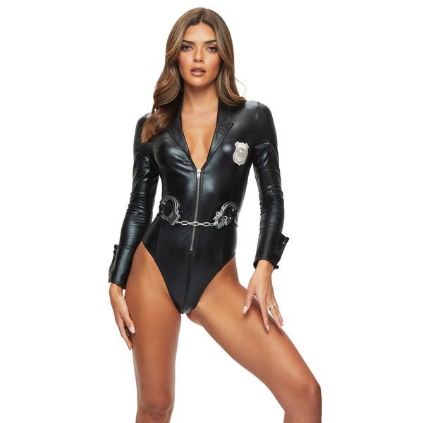 Ann Summers - Bodycon Leather PU Naughty Officer Costume for Women, Sexy Adult Halloween Costume, Policewoman Roleplay Outfit with Handcuffs Black