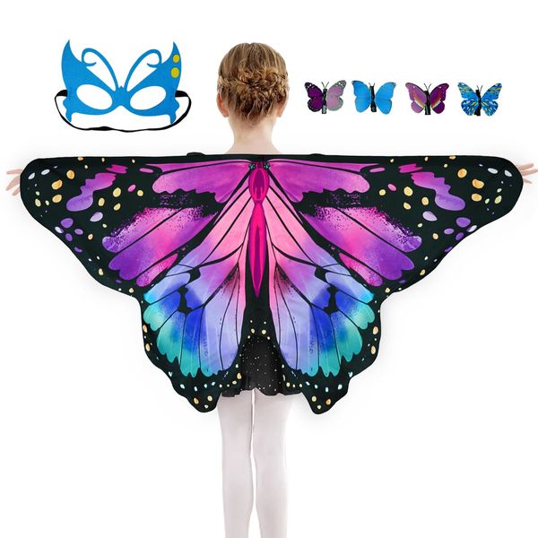 Kids Butterfly Wings Costume Girls Fairy-Wings Toddler Dress Up Play Costumes Butterfly Hair Clip Mask Party Favors (Purple Green Sets)