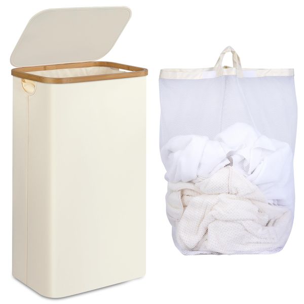 iEGrow Wäschekorb 75L, Wäschesammler Schmal mit Herausnehmbarer und Waschbarer Innentasche, Wäschekörbe Laundry Baskets mit Griffen für Kleidung, Spielzeug, Handtücher (Beige)