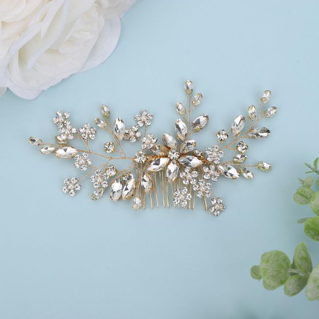 BERYUAN Crystal Rhinestone Pearls Wedding Hair Comb Rhinestone Flowers Pearls Wedding Headband Gold Bride Headpiece Wedding Hair Accessories for Brides Bridesmaid Girls (gold)