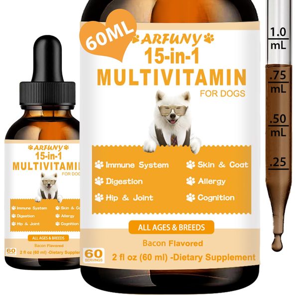 15 in 1 Multivitamin for Dogs - Dog Multivitamin Liquid Support Joint, Gut & Immune Health - Canine Digestion, Heart, Skin & Coat Health - Vitamin Supplements for Puppy - Bacon Flavor