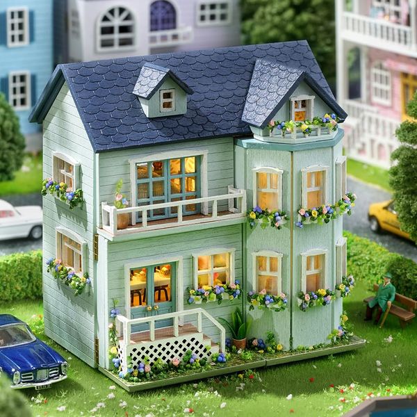 CUTEROOM Miniature House Kit, Wooden Doll House Kit Mini House Making Kit with Furnitures and LED Light, DIY House Kit for Adults Birthday Gift for Women and Girls (Warm Manor)