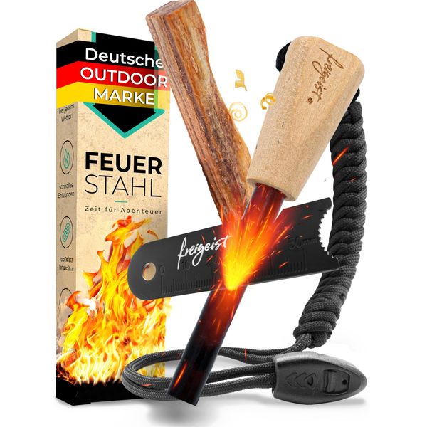 Feuerstahl Outdoor 10mm, Feuerstein mit Holzgriff für maximalen Funkenflug, Feuerstahl Zunder, Survival Kit, Feuerstahl Set: Magnesium Feuerstarter + Paracord + Notfallpfeife + Beutel + Kienspan