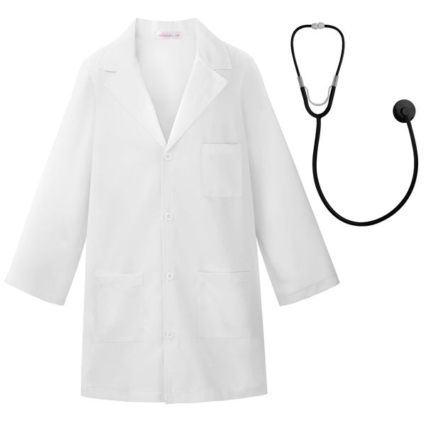 ReliBeauty 120 Play Doctor Children's White Coat Children's Costume, Halloween Costume, Children, Boys, Girls, Doctor, Cosplay, Side Pockets, Stethoscope, White