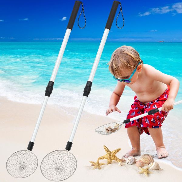 Roshtia 2 Pack 28in Beach Sand Sifter Shell Scooper for Beach Shark Tooth Sifter, Sand Scoop Shell Scooper Beach Scoop Shovel and Sifter Tool for Beach(Black Round,4.3", 5.5", 17"-29.5" Handle)