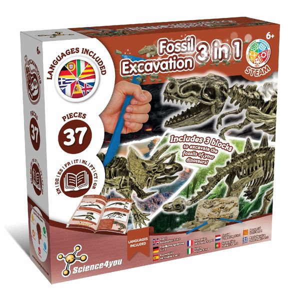 Science4you Dinosaur Fossil Excavation 3 in 1 - Fossil Digging Kit for Kids: T-Rex & Triceratops & Stegosaurus, 3 Dinosaurs Toys for Kids, 37 Pieces, Toys, Games, Gifts for 6+ Year Old Boys and Girls