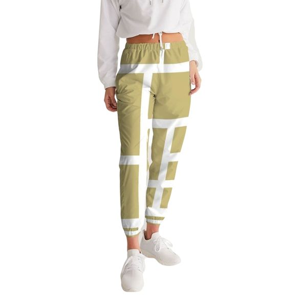 Womens Track Pants - Beige and White Block Grid Sports Pants - S