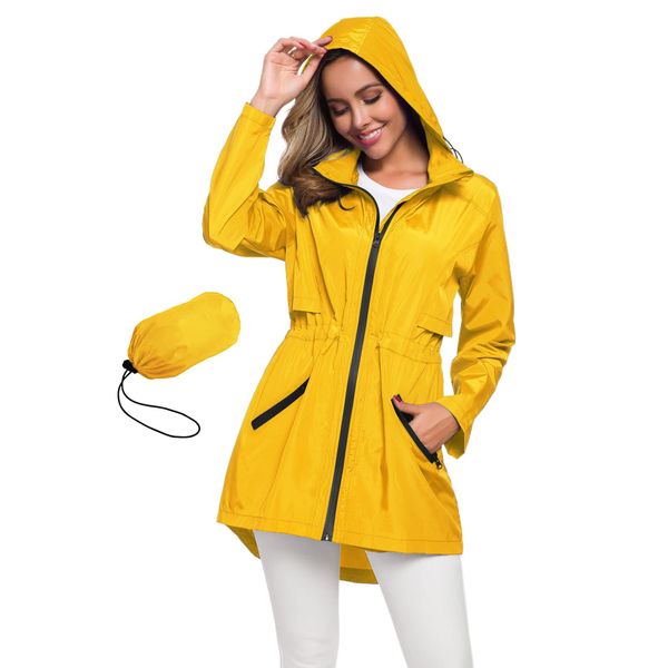 Avoogue Womens Lightweight Waterproof Rain Jacket Raincoat Trench Coat Anorak Jacket Y L Yellow