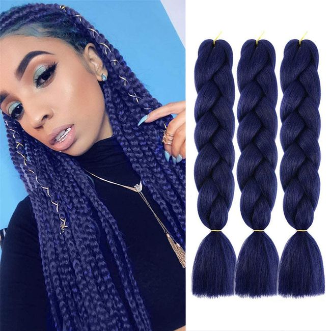 VOKEYLA Dark Blue Braiding Hair Jumbo Braid Hair Extensions for Twist Braids 3 Pack Kanekalon Braiding Hair for Box Braids 24inch High Temperature Synthetic Fiber for Women (Color:Ink Blue)